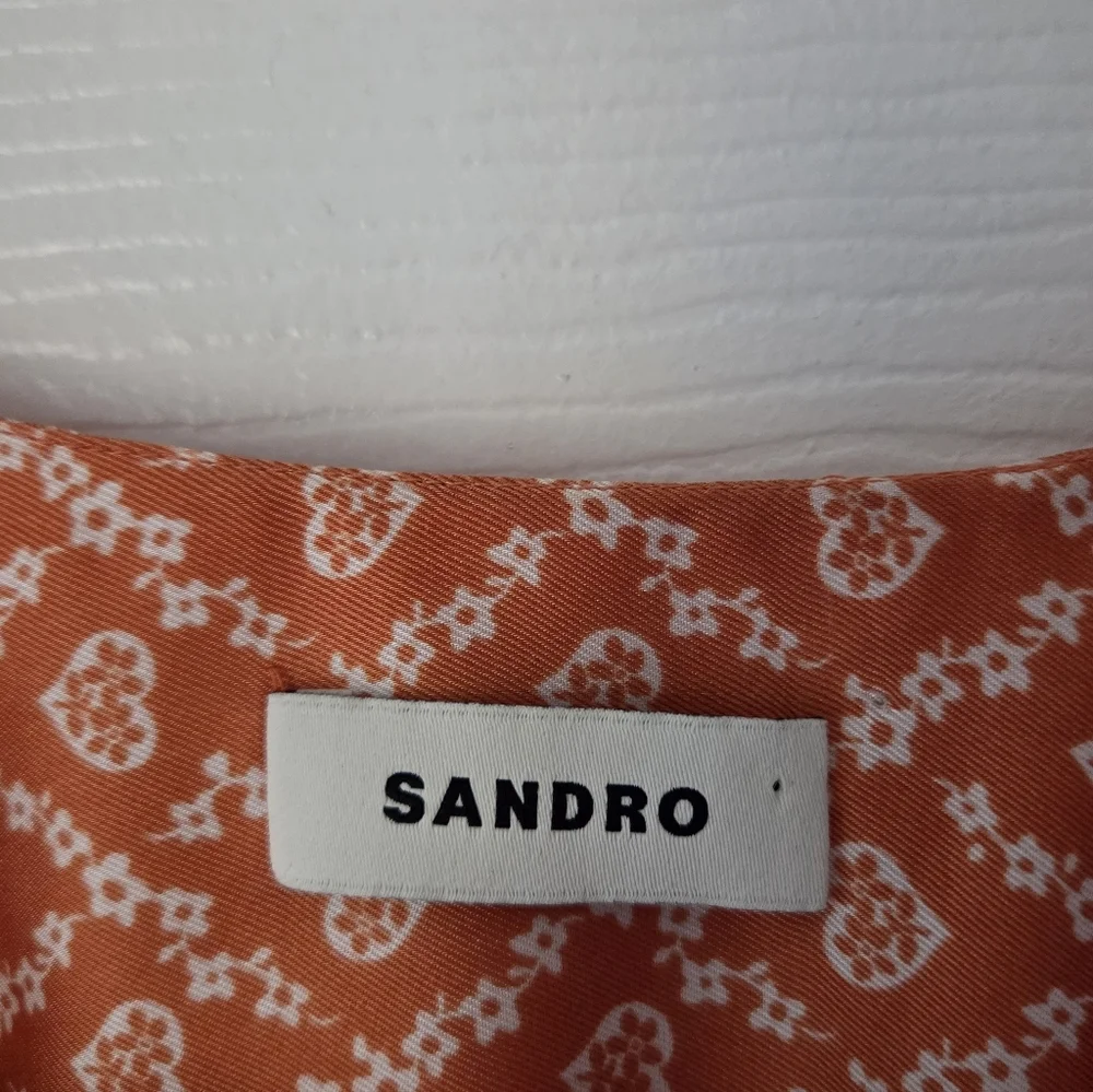 SANDRO Enrika Puff Sleeve Wrap Dress S Heart Print Orange $415 Romantic Luxury - Picture 2 of 12